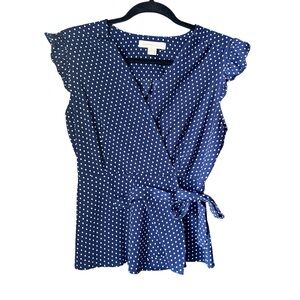 Monteau Los Angeles Wrap Top Large Blue Polka Dot Ruffle Sleeve Tie Waist Blouse
